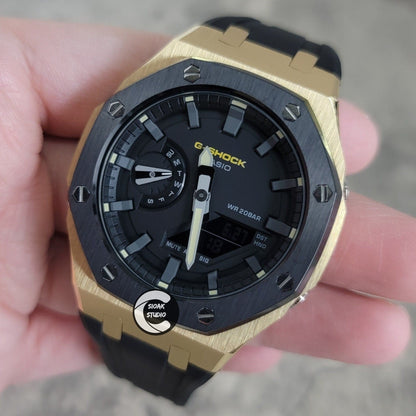 Casioak Mod Watch Black Gold Case Black Rubber Strap Black Black Time Mark Black Dial 44mm- Casioak Mod Casio G-Shock Royal Oak Custom Mens Luxury Watches Ga2100