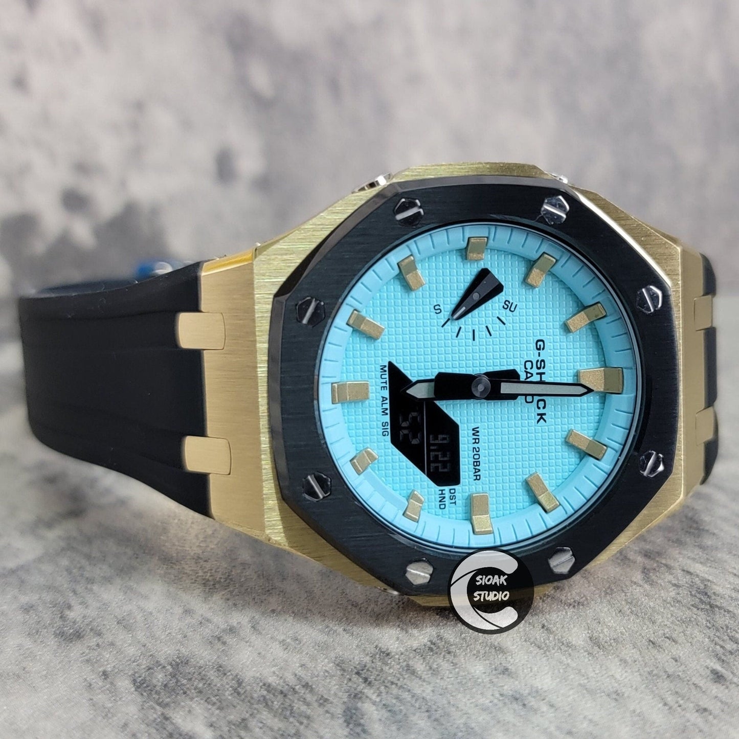 Casioak Mod Watch Black Gold Case Black Rubber Strap Black Gold Time Mark Tiff Blue Dial 44mm- Casioak Mod Casio G-Shock Royal Oak Custom Mens Luxury Watches Ga2100