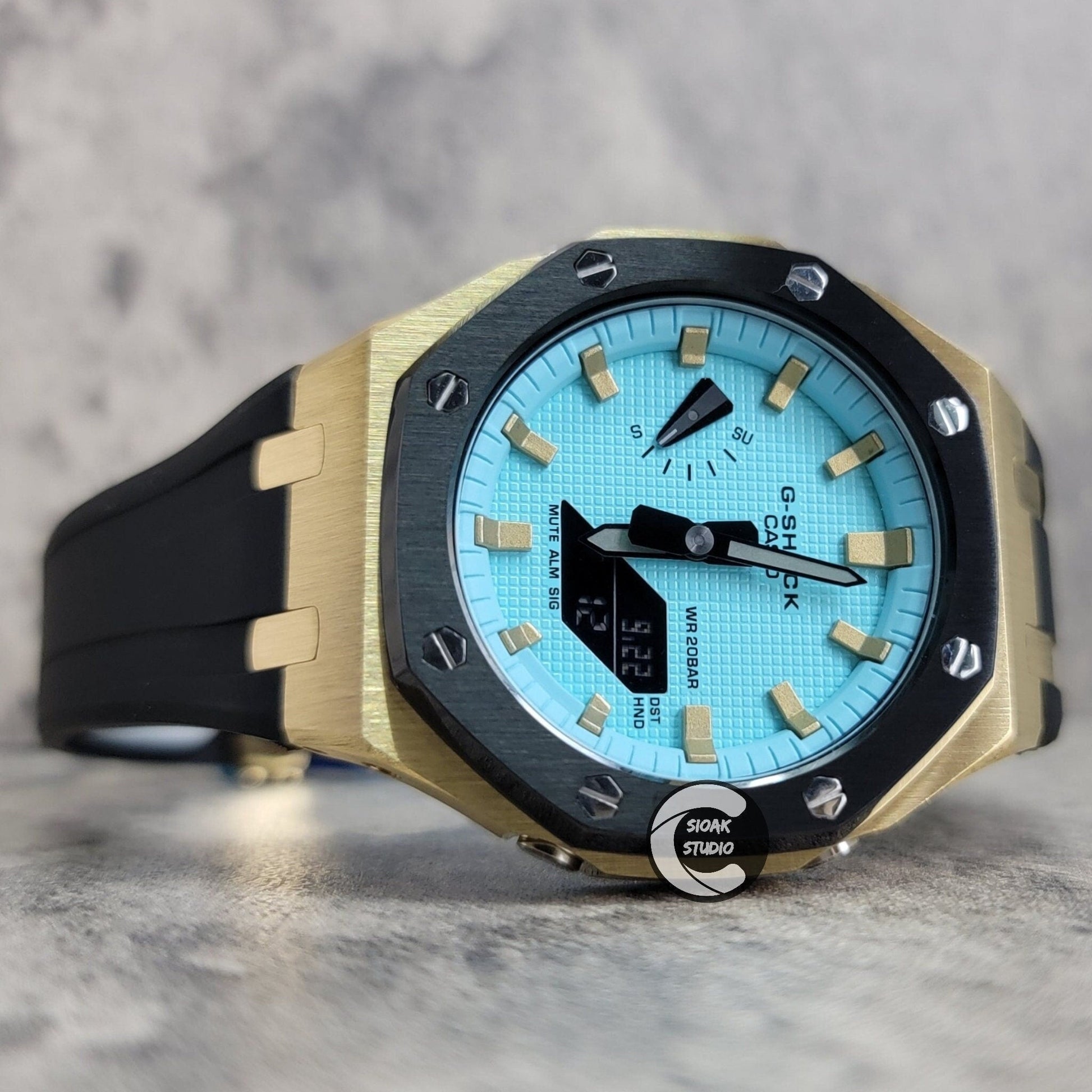 Casioak Mod Watch Black Gold Case Black Rubber Strap Black Gold Time Mark Tiff Blue Dial 44mm- Casioak Mod Casio G-Shock Royal Oak Custom Mens Luxury Watches Ga2100