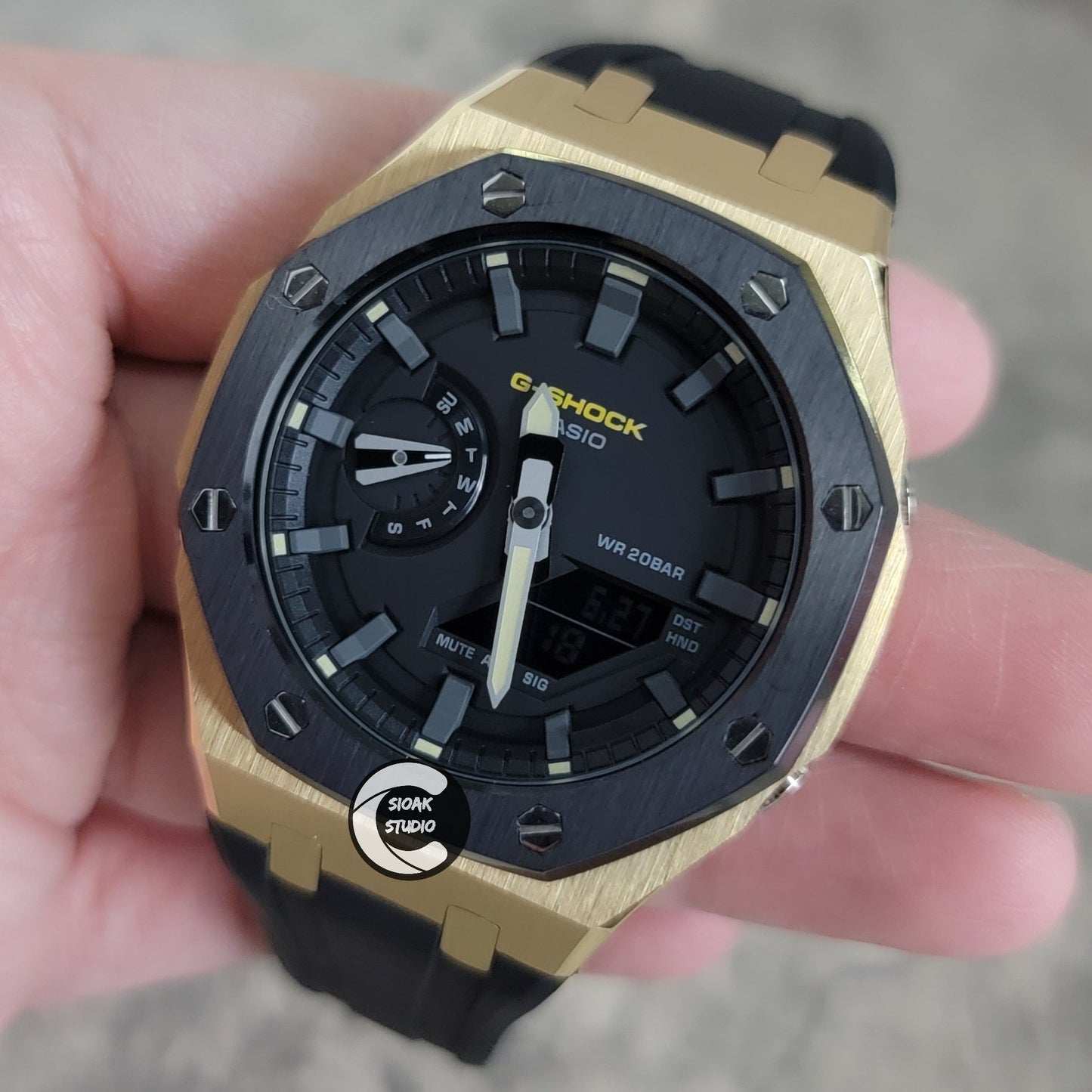 Casioak Mod Watch Black Gold Case Black Rubber Strap Black Gray Time Mark Black Dial 44mm- Casioak Mod Casio G-Shock Royal Oak Custom Mens Luxury Watches Ga2100