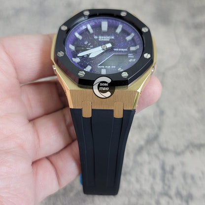 Casioak Mod Watch Black Gold Case Black Rubber Strap Purple Silver Time Mark Purple Dial 44mm- Casioak Mod Casio G-Shock Royal Oak Custom Mens Luxury Watches Ga2100