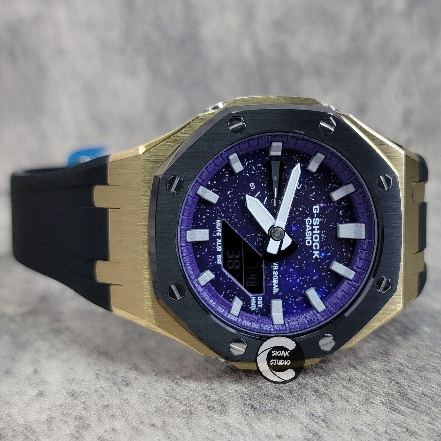 Casioak Mod Watch Black Gold Case Black Rubber Strap Purple Silver Time Mark Purple Dial 44mm- Casioak Mod Casio G-Shock Royal Oak Custom Mens Luxury Watches Ga2100