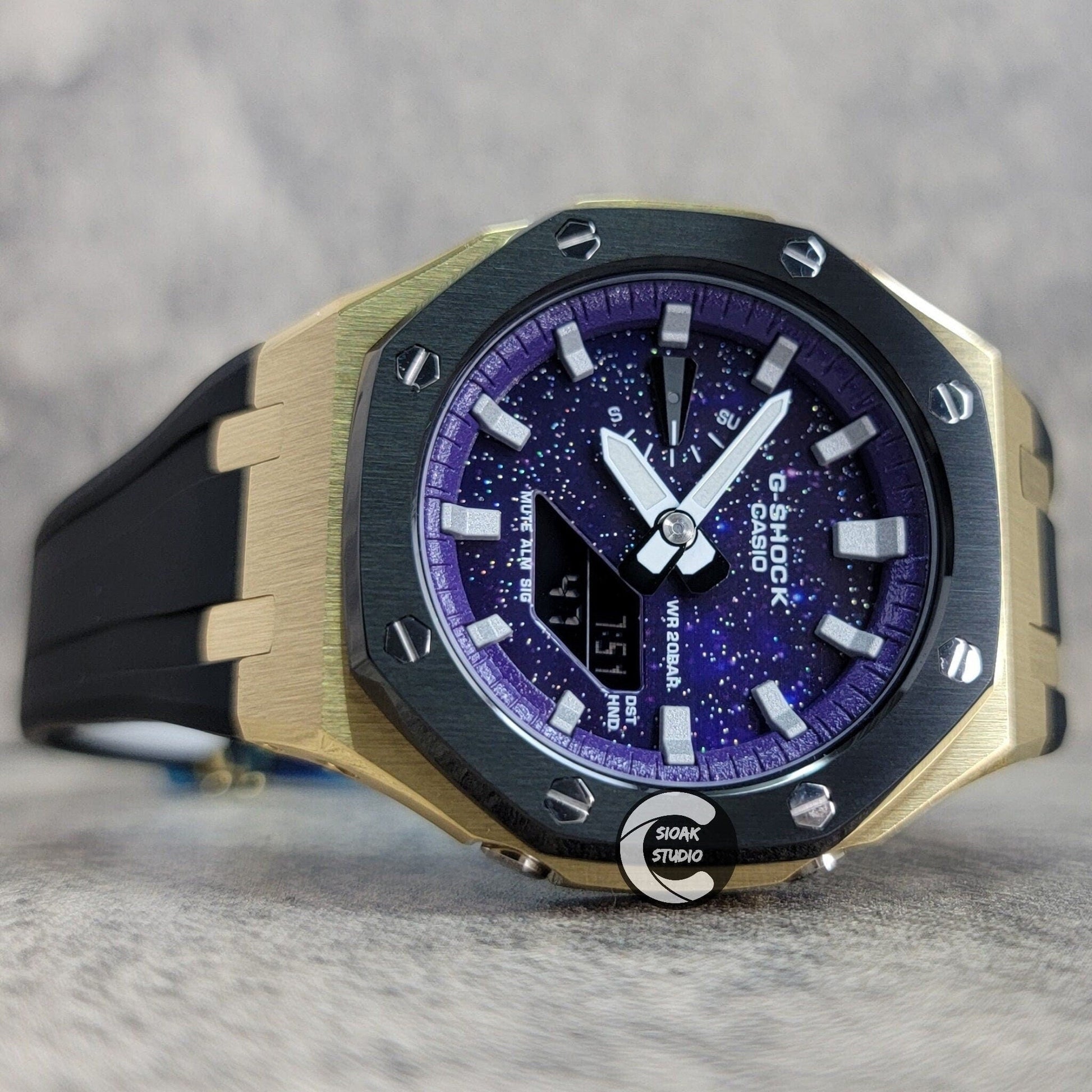 Casioak Mod Watch Black Gold Case Black Rubber Strap Purple Silver Time Mark Purple Dial 44mm- Casioak Mod Casio G-Shock Royal Oak Custom Mens Luxury Watches Ga2100