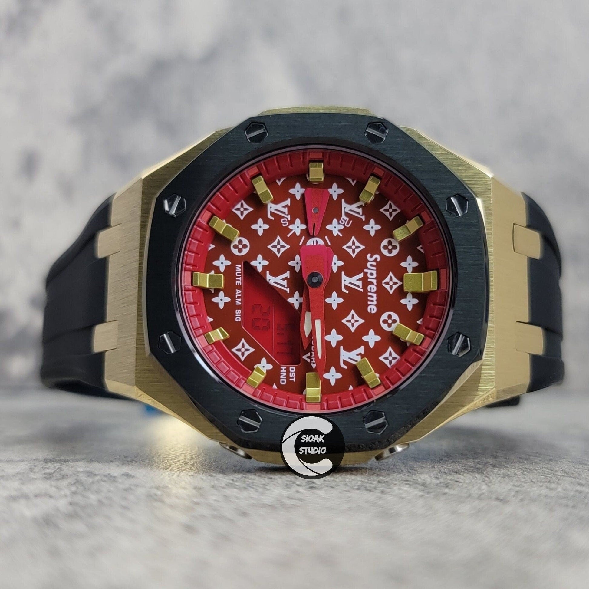 Casioak Mod Watch Black Gold Case Black Rubber Strap Red Gold Time Mark Red Dial 44mm- Casioak Mod Casio G-Shock Royal Oak Custom Mens Luxury Watches Ga2100