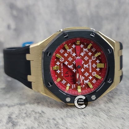 Casioak Mod Watch Black Gold Case Black Rubber Strap Red Gold Time Mark Red Dial 44mm- Casioak Mod Casio G-Shock Royal Oak Custom Mens Luxury Watches Ga2100