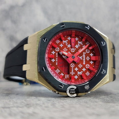 Casioak Mod Watch Black Gold Case Black Rubber Strap Red Time Mark Red Dial 44mm- Casioak Mod Casio G-Shock Royal Oak Custom Mens Luxury Watches Ga2100