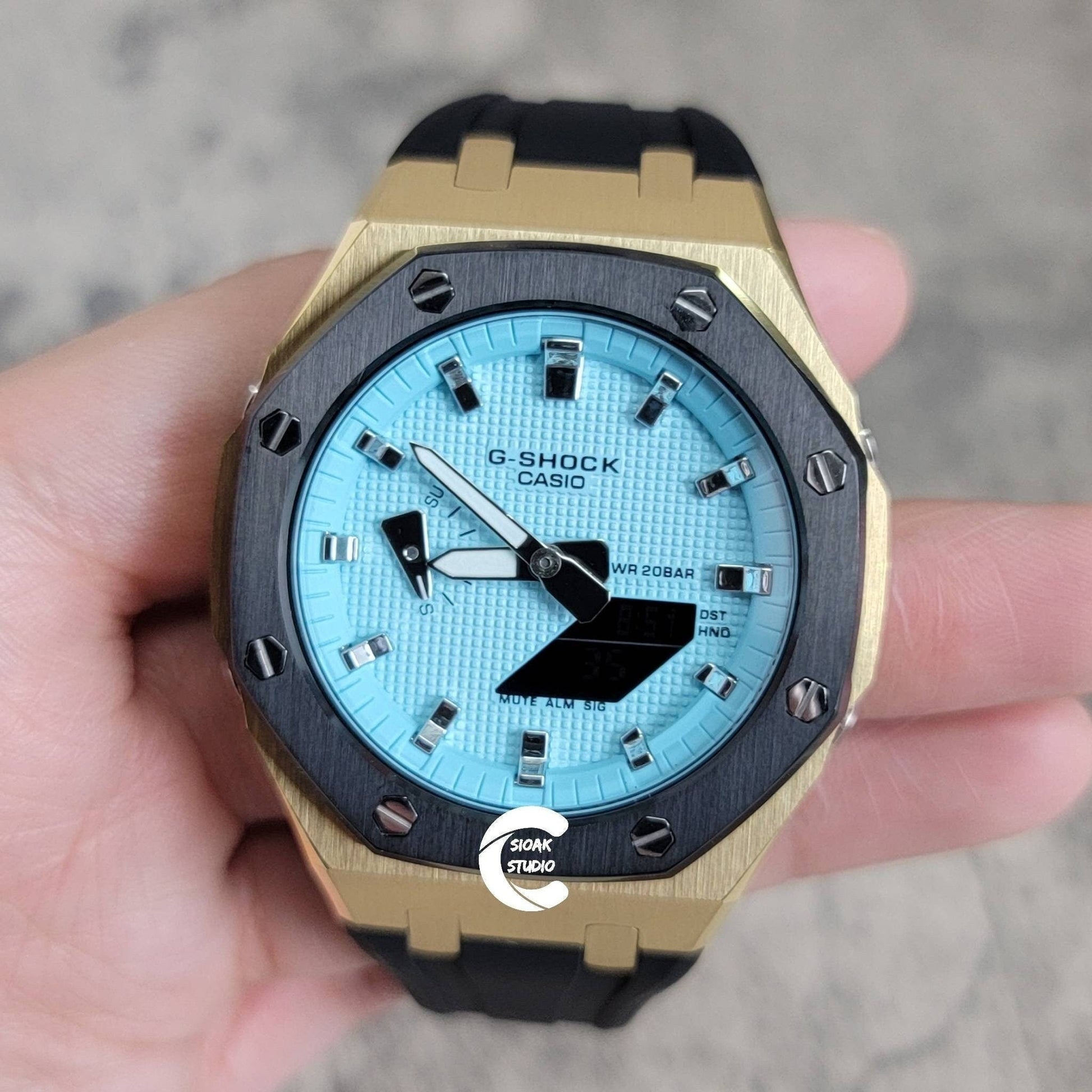 Casioak Mod Watch Black Gold Case Black Rubber Strap Tiff Silver Time Mark Tiff Blue Dial 44mm- Casioak Mod Casio G-Shock Royal Oak Custom Mens Luxury Watches Ga2100