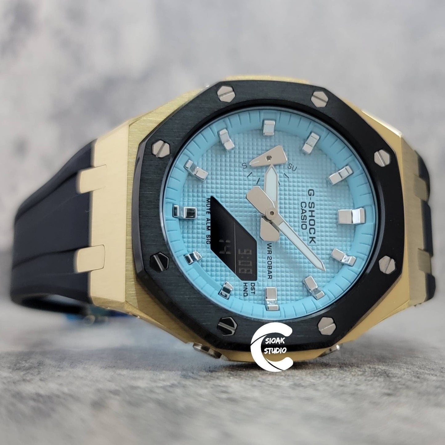 Casioak Mod Watch Black Gold Case Black Rubber Strap Tiff Silver Time Mark Tiff Blue Dial Silver 44mm- Casioak Mod Casio G-Shock Royal Oak Custom Mens Luxury Watches Ga2100