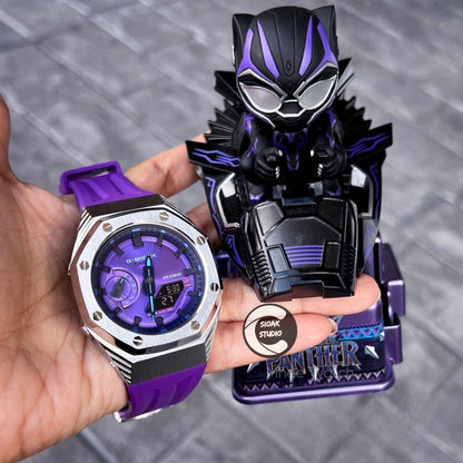 Casioak Mod Watch Black Panther Hb Silver Case Purple Strap Purple Black Time Mark Purple Dial 44mm- Casioak Mod Casio G-Shock Royal Oak Custom Mens Luxury Watches Ga2100