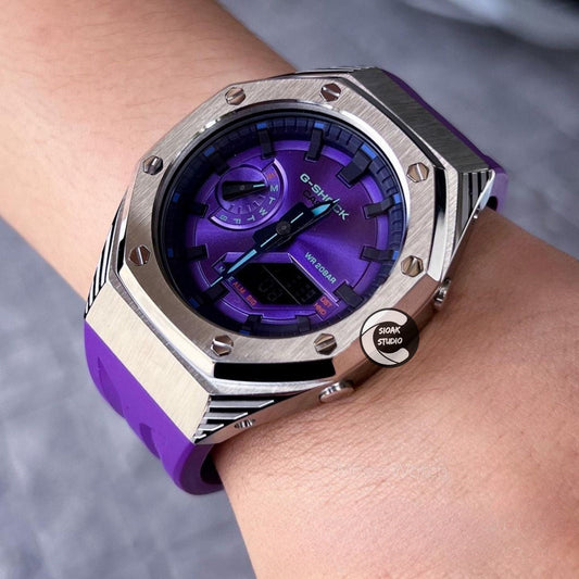 Casioak Mod Watch Black Panther Hb Silver Case Purple Strap Purple Black Time Mark Purple Dial 44mm- Casioak Mod Casio G-Shock Royal Oak Custom Mens Luxury Watches Ga2100