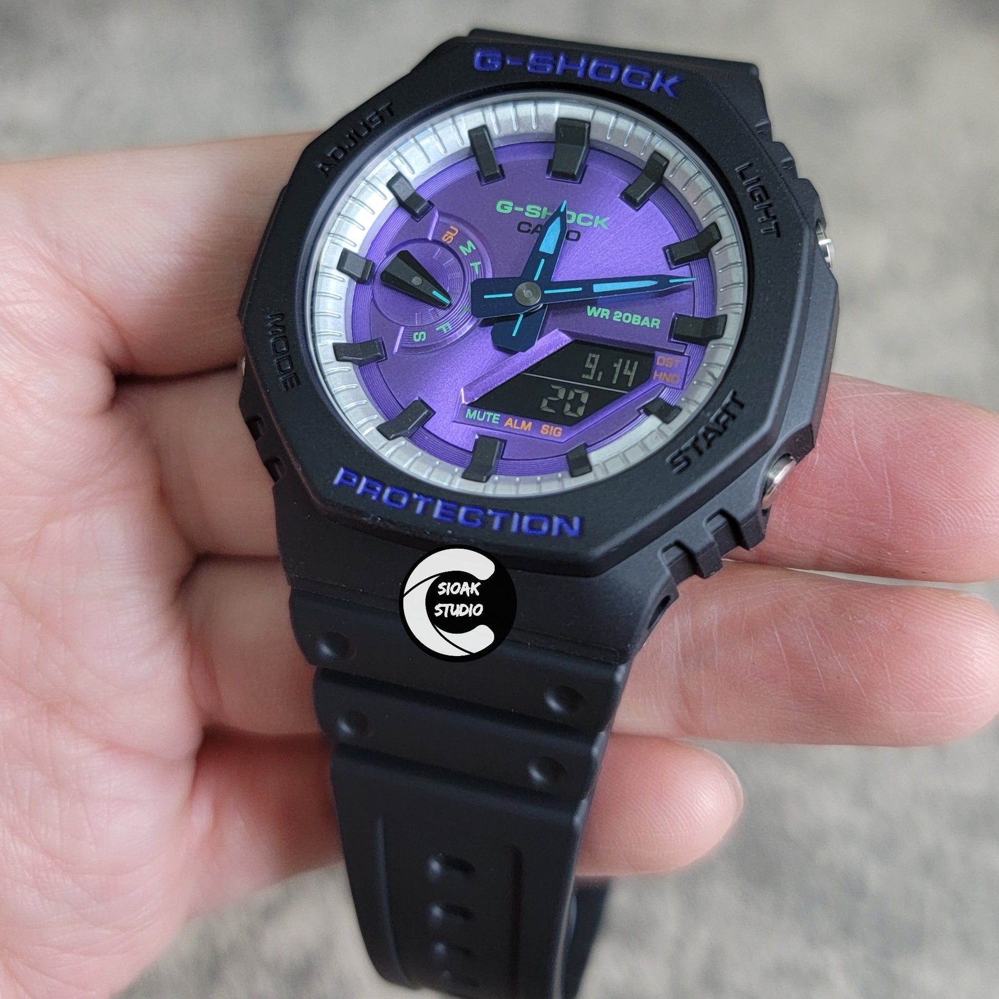 Casioak Mod Watch Black Plastic Case Strap Silver Black Time Mark Purple Dial 44mm- Casioak Mod Casio G-Shock Royal Oak Custom Mens Luxury Watches Ga2100