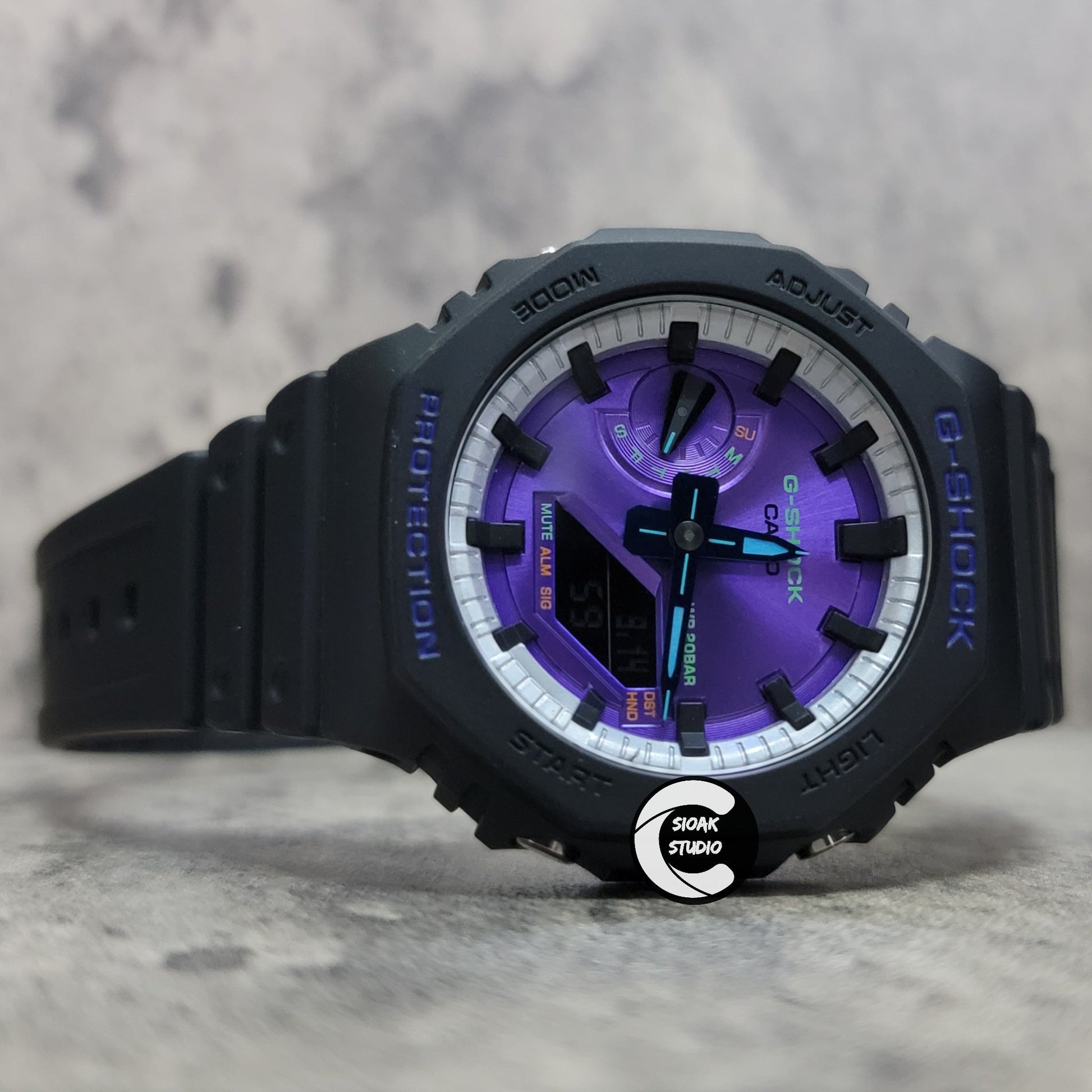 Casioak Mod Watch Black Plastic Case Strap Silver Black Time Mark Purple Dial 44mm- Casioak Mod Casio G-Shock Royal Oak Custom Mens Luxury Watches Ga2100