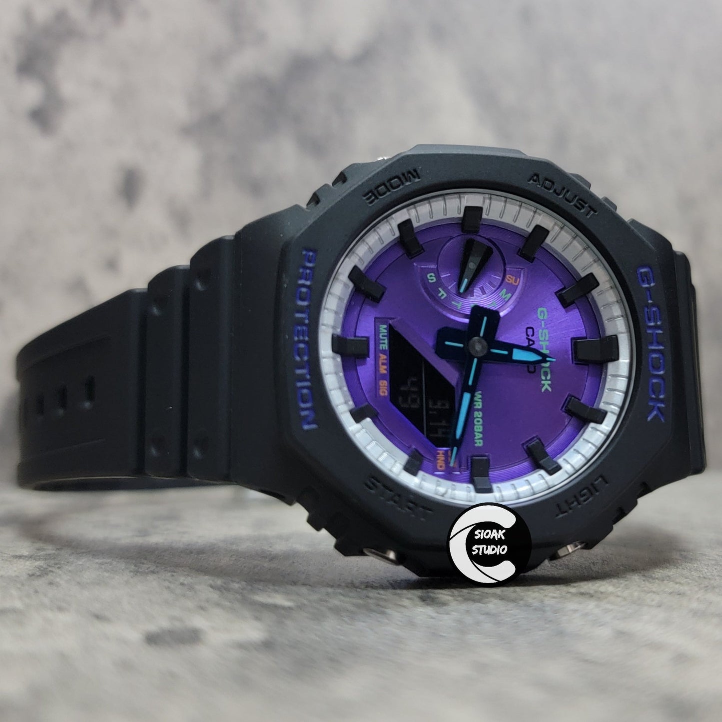 Casioak Mod Watch Black Plastic Case Strap Silver Black Time Mark Purple Dial 44mm- Casioak Mod Casio G-Shock Royal Oak Custom Mens Luxury Watches Ga2100