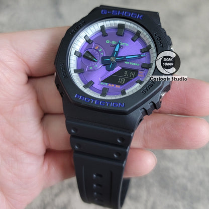 Casioak Mod Watch Black Plastic Case Strap Silver Black Time Mark Purple Dial 44mm- Casioak Mod Casio G-Shock Royal Oak Custom Mens Luxury Watches Ga2100