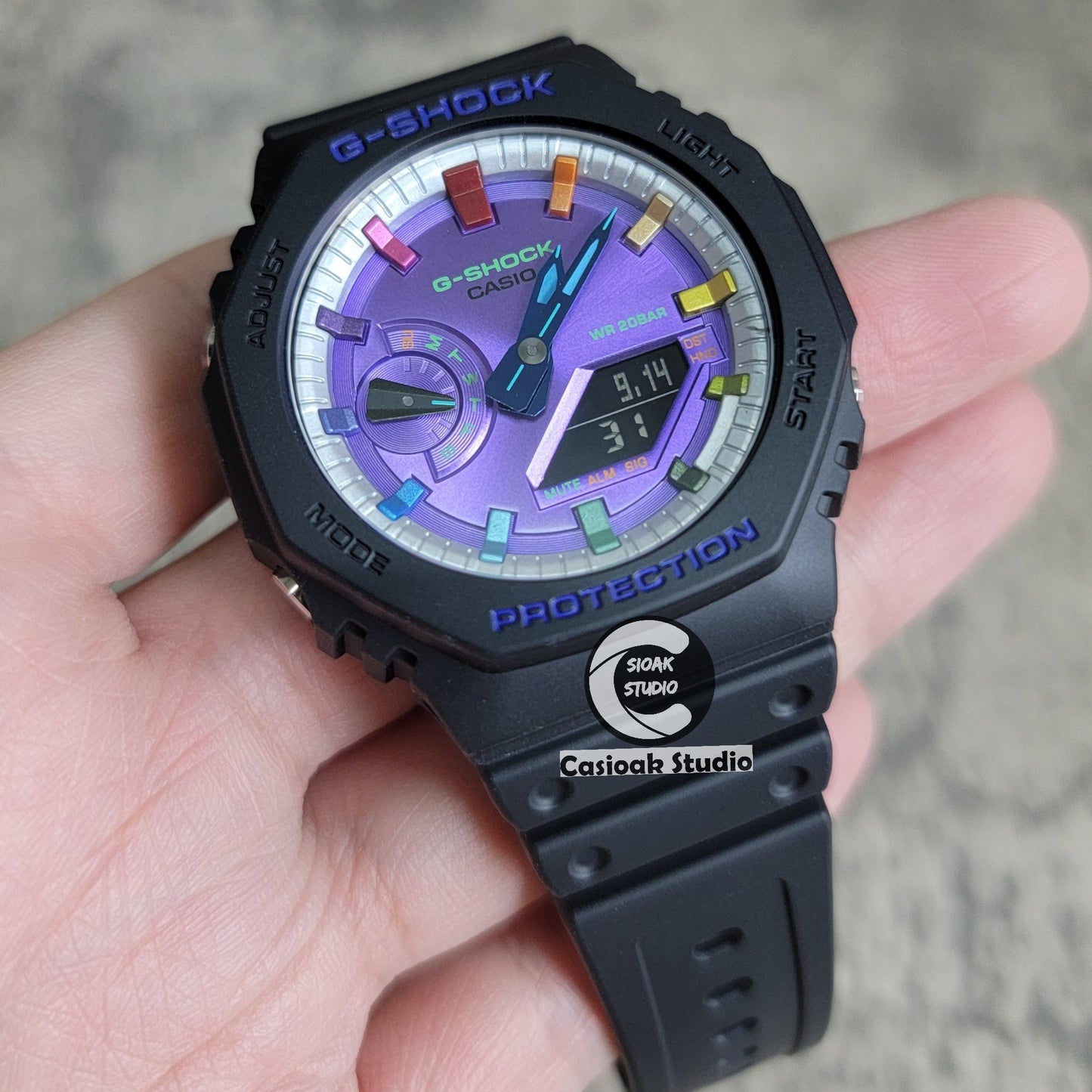 Casioak Mod Watch Black Plastic Case Strap Silver Rainbow Time Mark Purple Dial 44mm- Casioak Mod Casio G-Shock Royal Oak Custom Mens Luxury Watches Ga2100