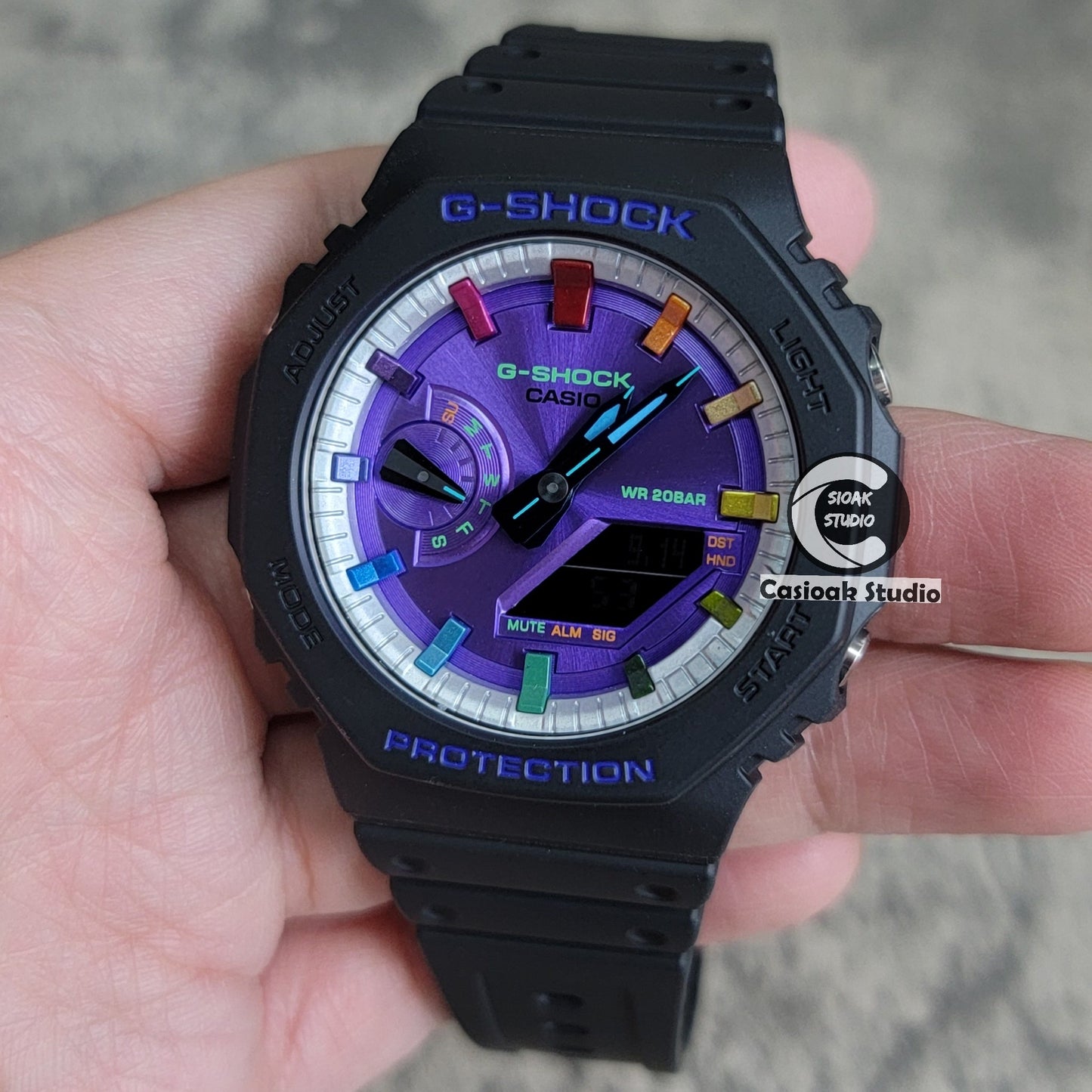 Casioak Mod Watch Black Plastic Case Strap Silver Rainbow Time Mark Purple Dial 44mm- Casioak Mod Casio G-Shock Royal Oak Custom Mens Luxury Watches Ga2100