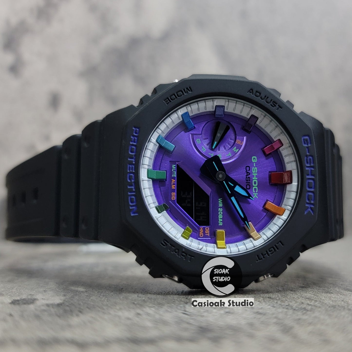 Casioak Mod Watch Black Plastic Case Strap Silver Rainbow Time Mark Purple Dial 44mm- Casioak Mod Casio G-Shock Royal Oak Custom Mens Luxury Watches Ga2100