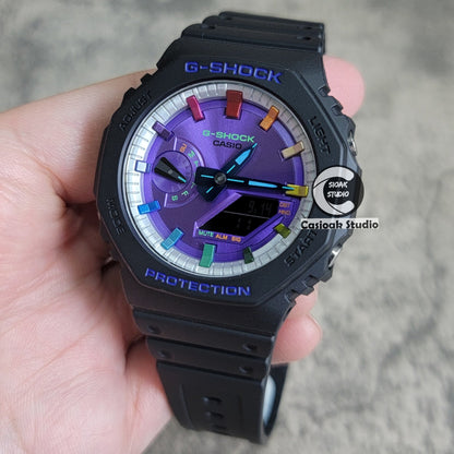 Casioak Mod Watch Black Plastic Case Strap Silver Rainbow Time Mark Purple Dial 44mm- Casioak Mod Casio G-Shock Royal Oak Custom Mens Luxury Watches Ga2100