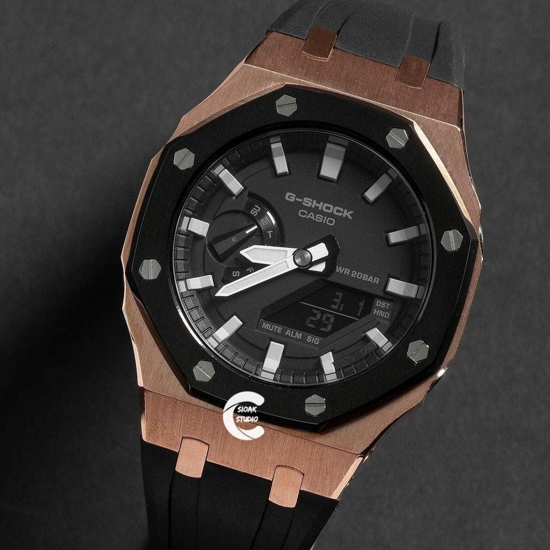 Casioak Mod Watch Black Rose Gold Case Black Rubber Strap Black Light Gray Time Mark Black Dial 44mm- Casioak Mod Casio G-Shock Royal Oak Custom Mens Luxury Watches Ga2100