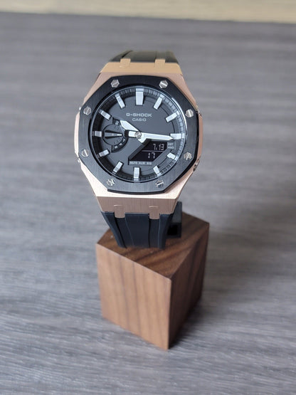 Casioak Mod Watch Black Rose Gold Case Black Rubber Strap Black Light Gray Time Mark Black Dial 44mm- Casioak Mod Casio G-Shock Royal Oak Custom Mens Luxury Watches Ga2100