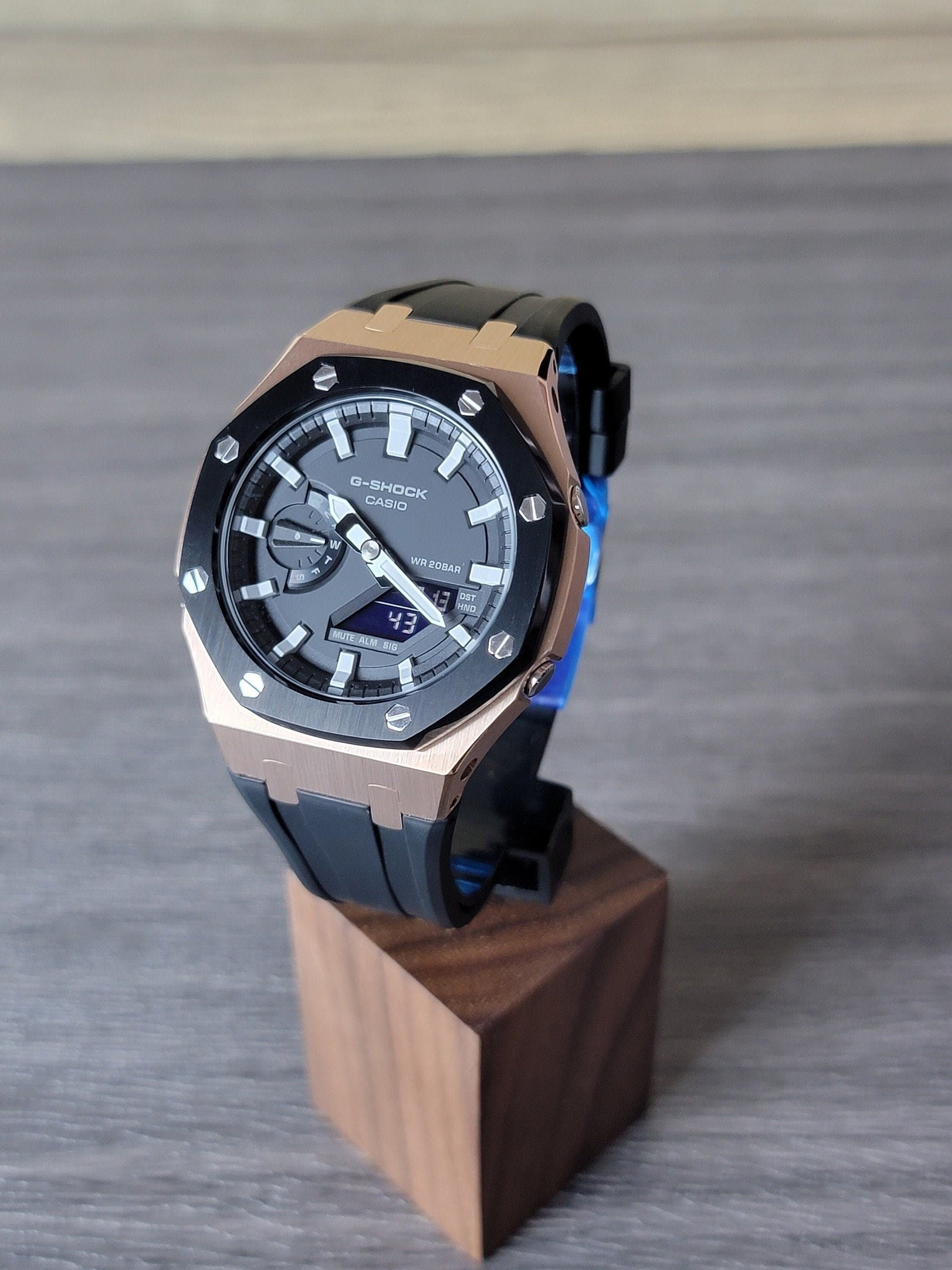 Casioak Mod Watch Black Rose Gold Case Black Rubber Strap Black Light Gray Time Mark Black Dial 44mm- Casioak Mod Casio G-Shock Royal Oak Custom Mens Luxury Watches Ga2100