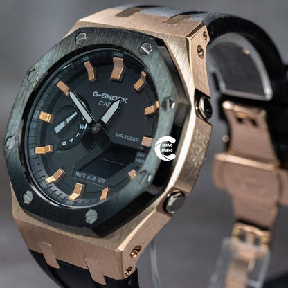 Casioak Mod Watch Black Rose Gold Case Black Rubber Strap Black Rose Gold Time Mark Black Dial 44mm- Casioak Mod Casio G-Shock Royal Oak Custom Mens Luxury Watches Ga2100