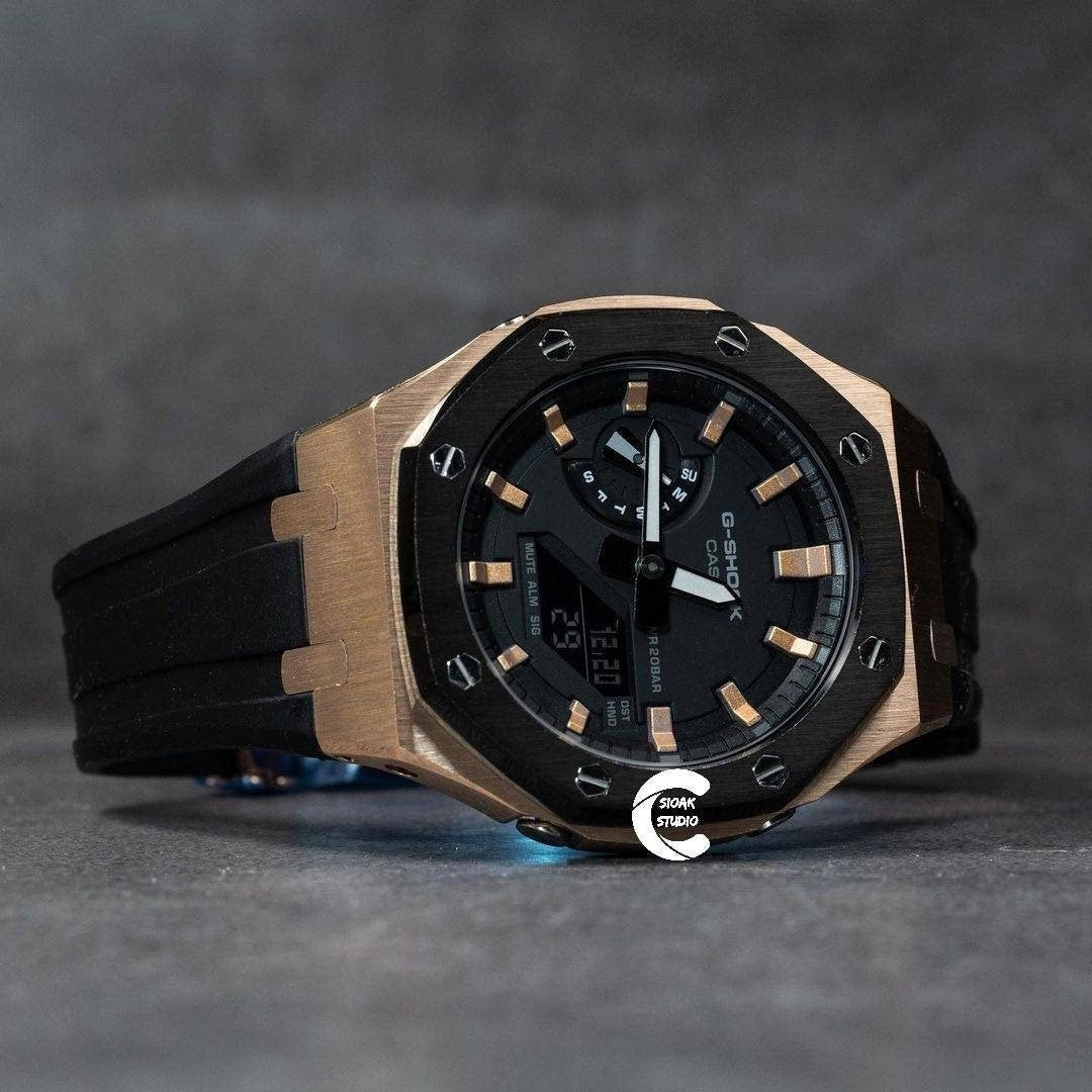 Casioak Mod Watch Black Rose Gold Case Black Rubber Strap Black Rose Gold Time Mark Black Dial 44mm- Casioak Mod Casio G-Shock Royal Oak Custom Mens Luxury Watches Ga2100