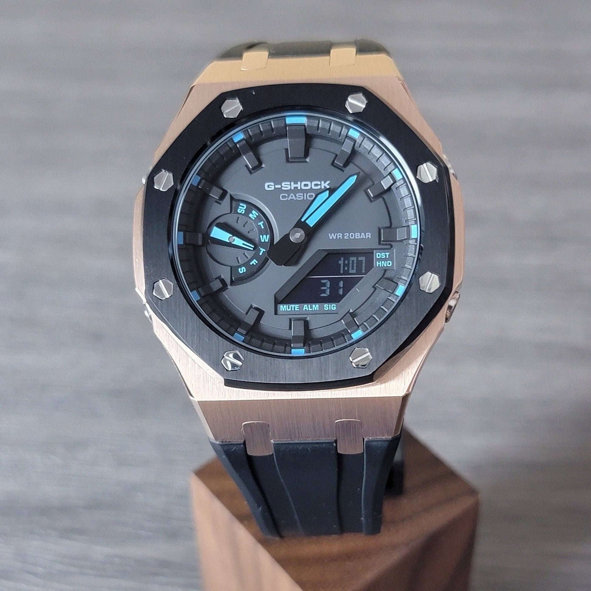 Casioak Mod Watch Black Rose Gold Case Black Rubber Strap Black Time Mark Black Dial 44mm- Casioak Mod Casio G-Shock Royal Oak Custom Mens Luxury Watches Ga2100