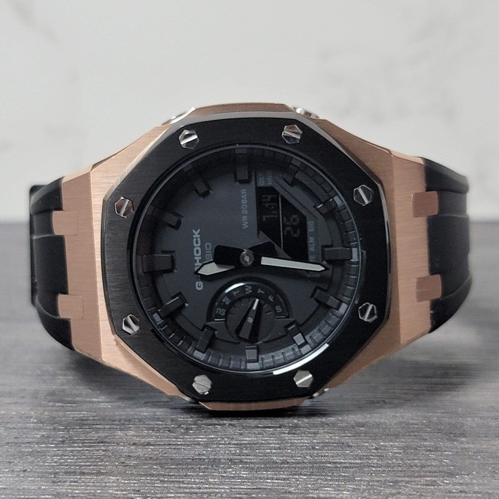 Casioak Mod Watch Black Rose Gold Case Black Rubber Strap Black Time Mark Black Dial 44mm- Casioak Mod Casio G-Shock Royal Oak Custom Mens Luxury Watches Ga2100