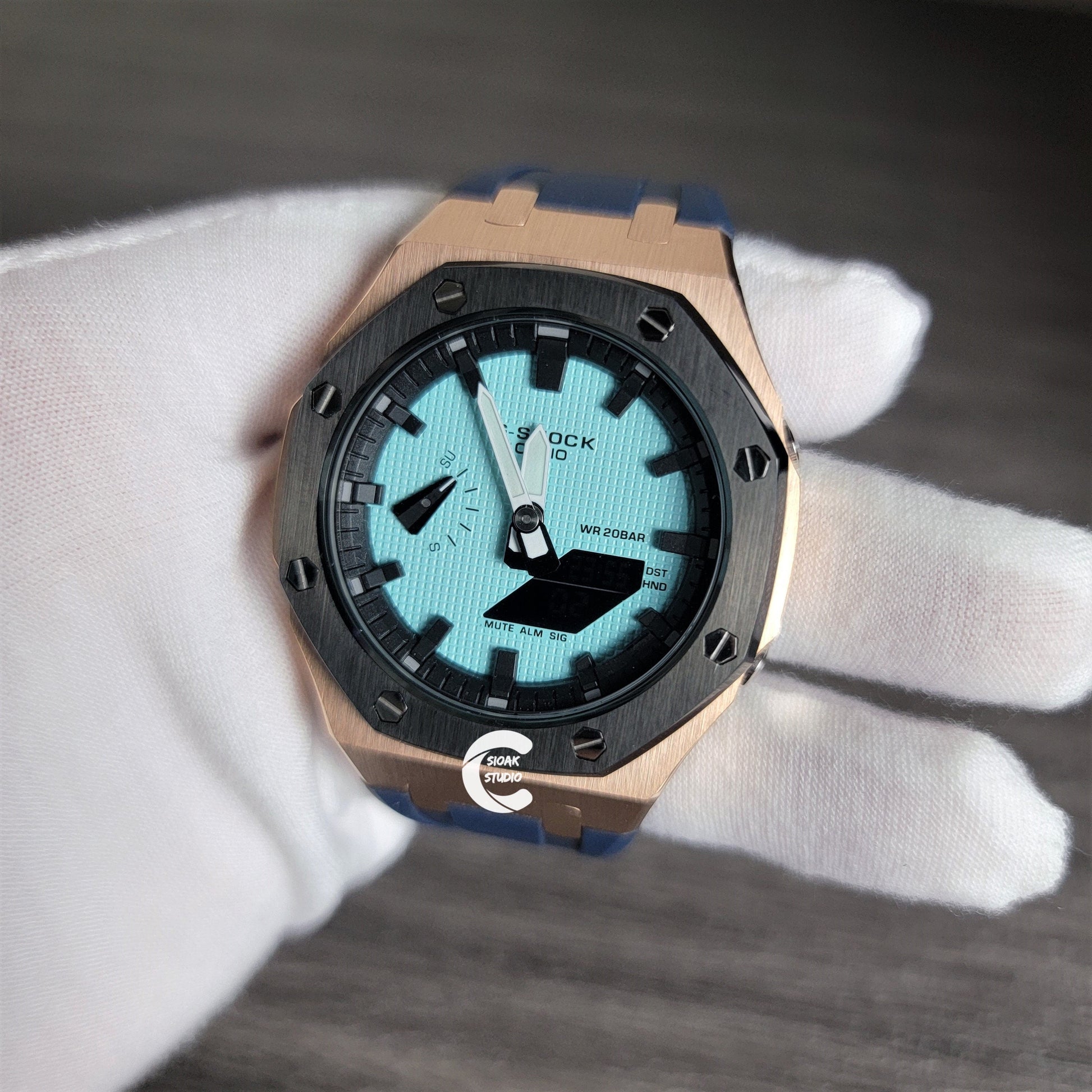 Casioak Mod Watch Black Rose Gold Case Black Rubber Strap Black Time Mark Tiff Blue Dial 44mm- Casioak Mod Casio G-Shock Royal Oak Custom Mens Luxury Watches Ga2100