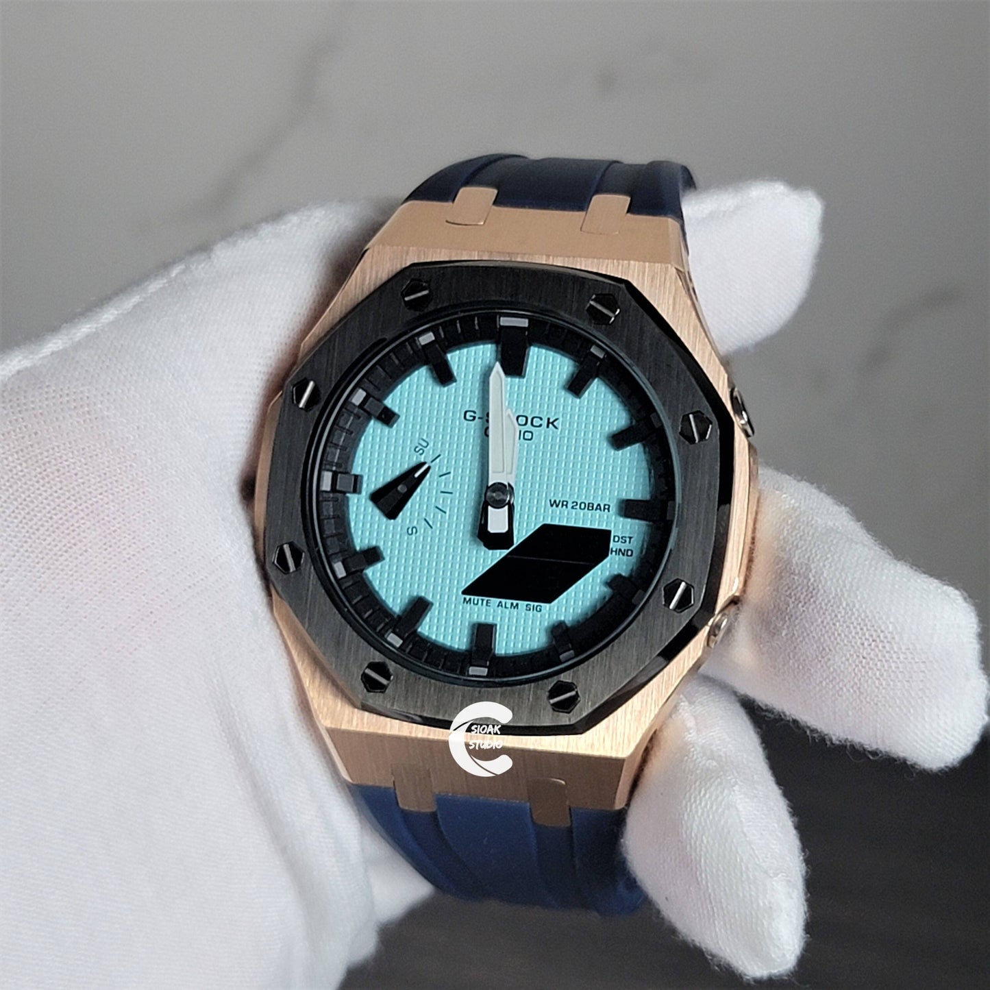 Casioak Mod Watch Black Rose Gold Case Black Rubber Strap Black Time Mark Tiff Blue Dial 44mm- Casioak Mod Casio G-Shock Royal Oak Custom Mens Luxury Watches Ga2100