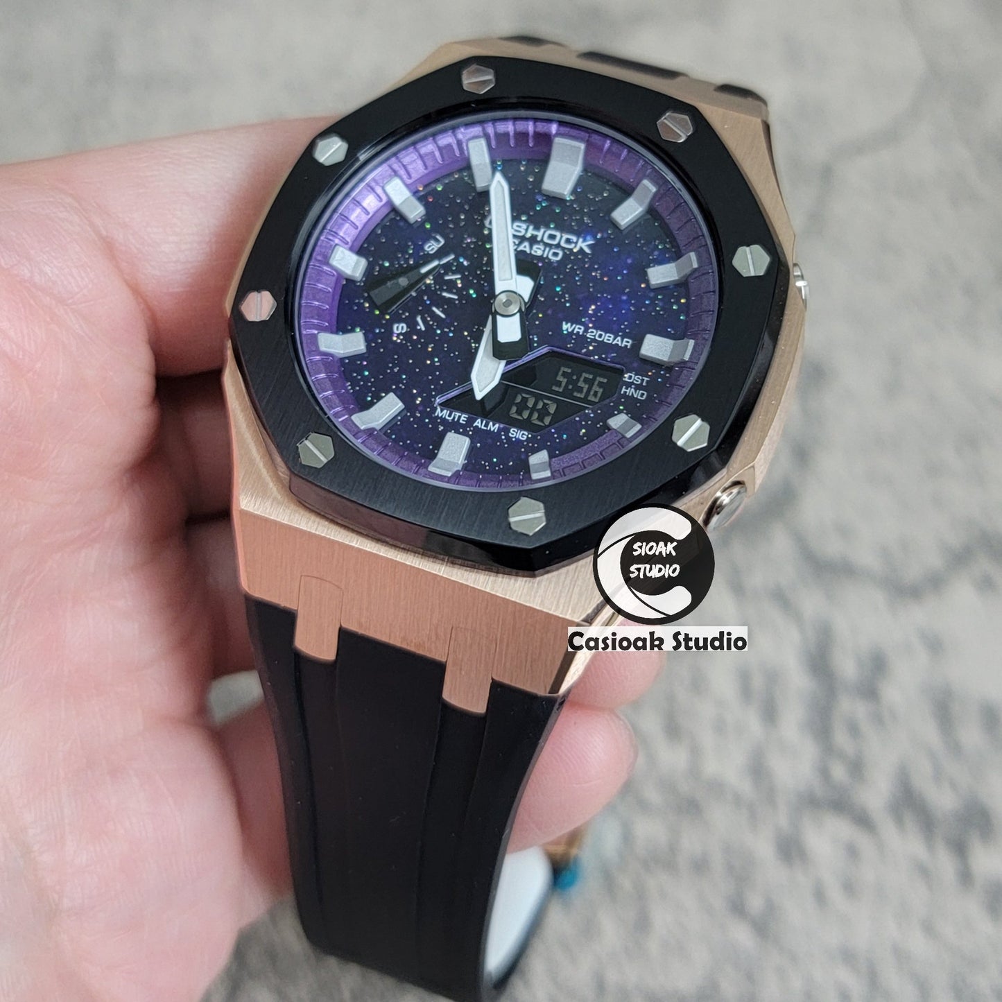 Casioak Mod Watch Black Rose Gold Case Black Rubber Strap Purple Silver Time Mark Purple Dial 44mm- Casioak Mod Casio G-Shock Royal Oak Custom Mens Luxury Watches Ga2100