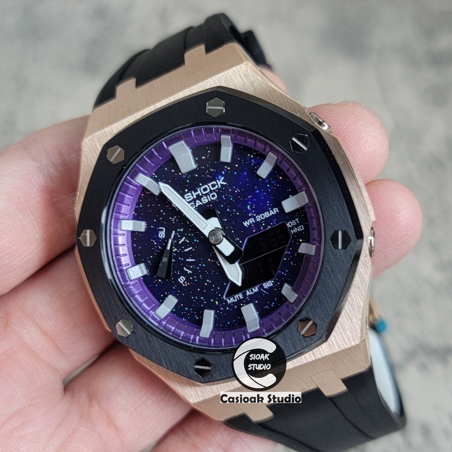 Casioak Mod Watch Black Rose Gold Case Black Rubber Strap Purple Silver Time Mark Purple Dial 44mm- Casioak Mod Casio G-Shock Royal Oak Custom Mens Luxury Watches Ga2100