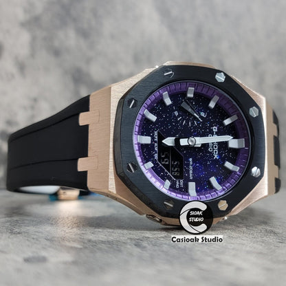 Casioak Mod Watch Black Rose Gold Case Black Rubber Strap Purple Silver Time Mark Purple Dial 44mm- Casioak Mod Casio G-Shock Royal Oak Custom Mens Luxury Watches Ga2100