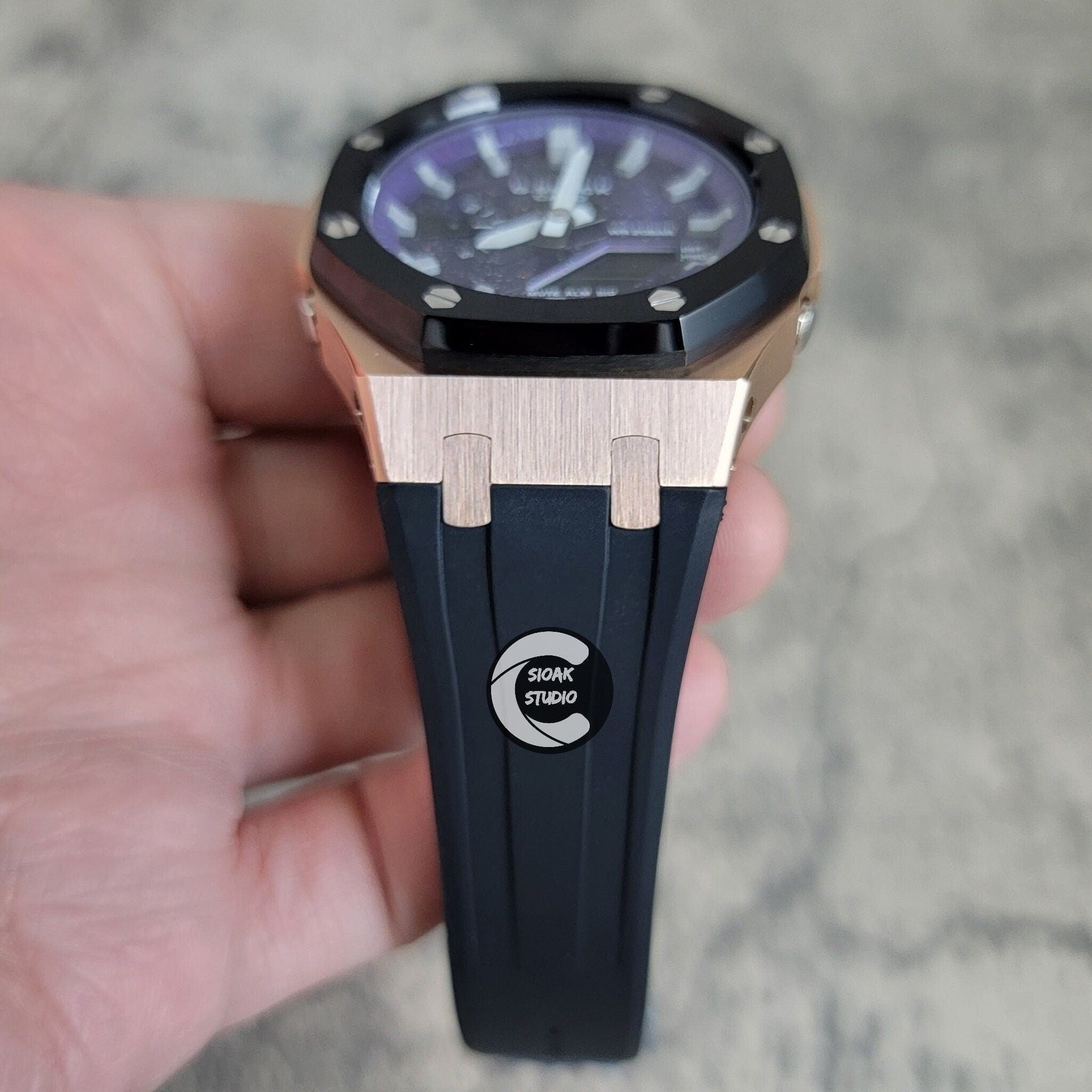 Casioak Mod Watch Black Rose Gold Case Black Rubber Strap Purple Silver Time Mark Purple Dial 44mm  Christ- Casioak Mod Casio G-Shock Royal Oak Custom Mens Luxury Watches Ga2100