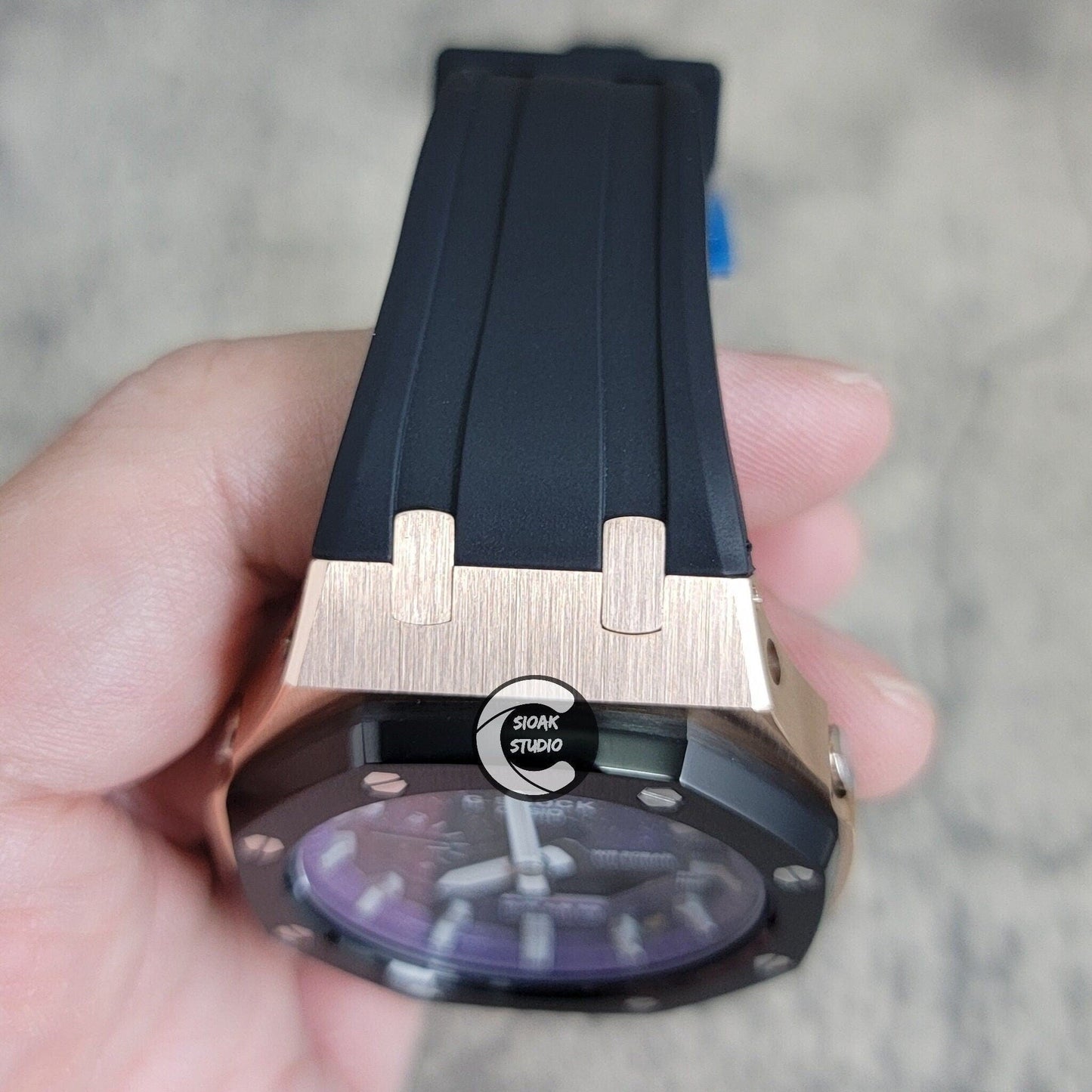 Casioak Mod Watch Black Rose Gold Case Black Rubber Strap Purple Silver Time Mark Purple Dial 44mm  Christ- Casioak Mod Casio G-Shock Royal Oak Custom Mens Luxury Watches Ga2100