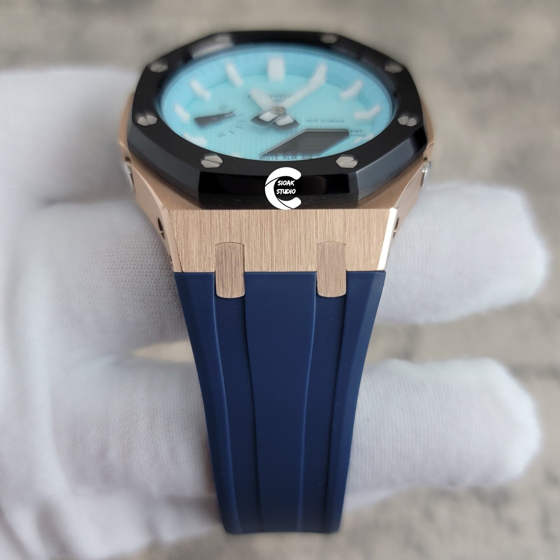 Casioak Mod Watch Black Rose Gold Case Black Rubber Strap Tiff Silver Time Mark Tiff Blue Dial 44mm- Casioak Mod Casio G-Shock Royal Oak Custom Mens Luxury Watches Ga2100