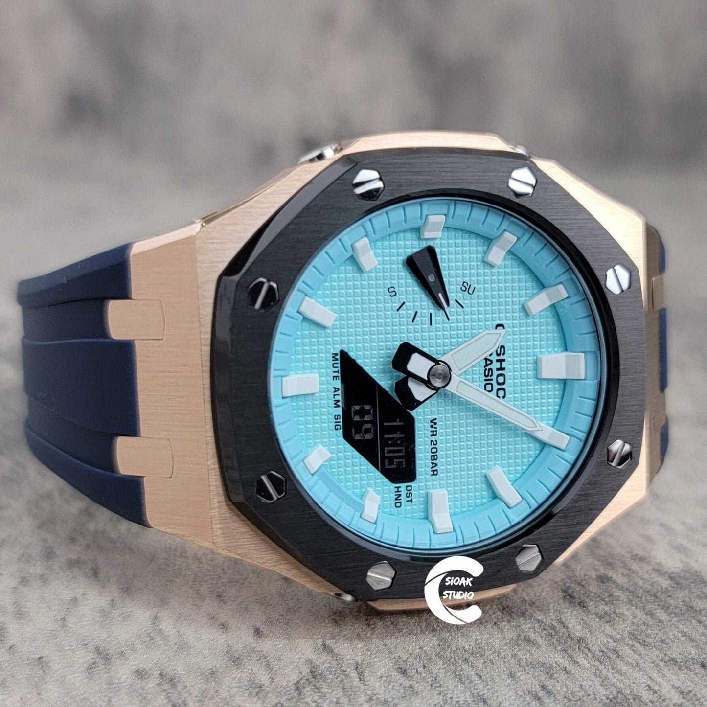 Casioak Mod Watch Black Rose Gold Case Black Rubber Strap Tiff Silver Time Mark Tiff Blue Dial 44mm- Casioak Mod Casio G-Shock Royal Oak Custom Mens Luxury Watches Ga2100