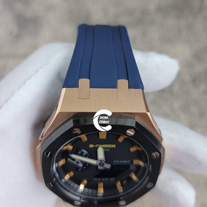 Casioak Mod Watch Black Rose Gold Case Blue Rubber Strap Black Gold Time Mark Black Dial 44mm- Casioak Mod Casio G-Shock Royal Oak Custom Mens Luxury Watches Ga2100