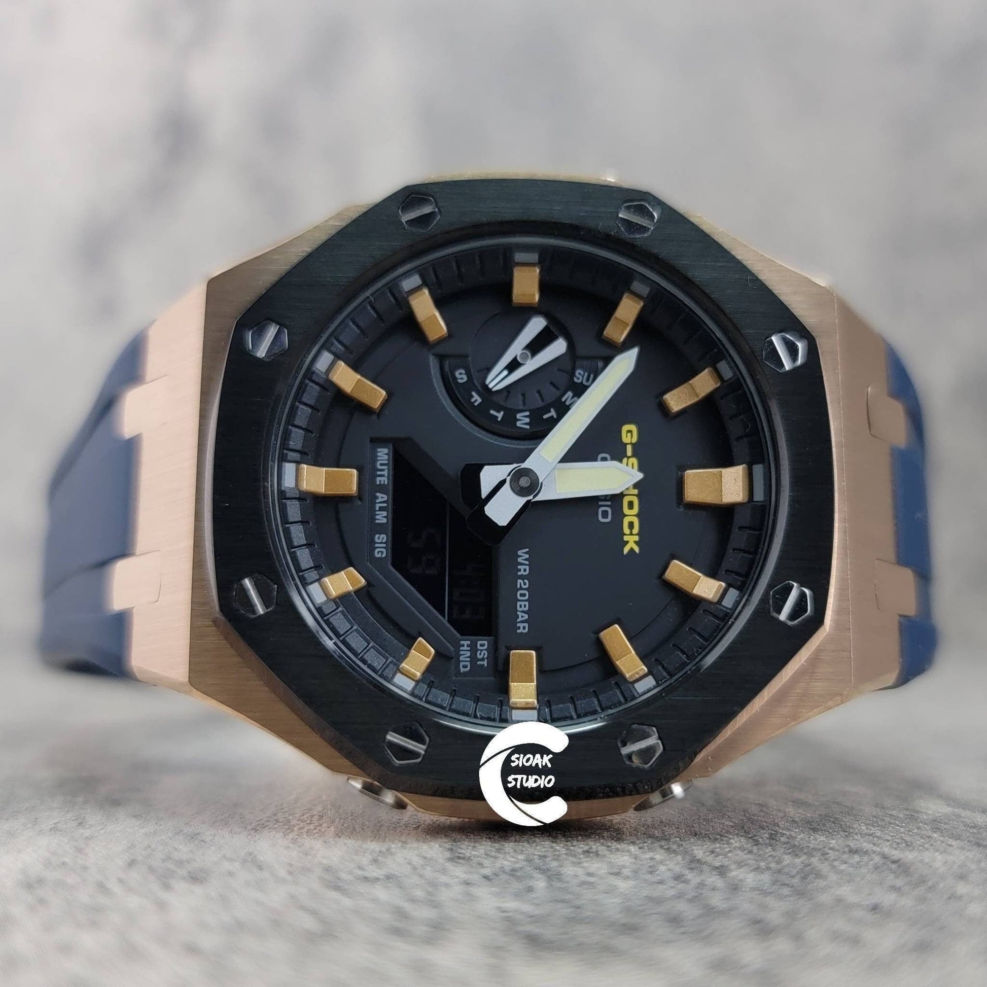 Casioak Mod Watch Black Rose Gold Case Blue Rubber Strap Black Gold Time Mark Black Dial 44mm- Casioak Mod Casio G-Shock Royal Oak Custom Mens Luxury Watches Ga2100