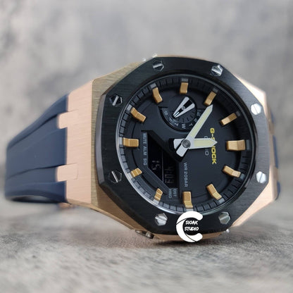 Casioak Mod Watch Black Rose Gold Case Blue Rubber Strap Black Gold Time Mark Black Dial 44mm- Casioak Mod Casio G-Shock Royal Oak Custom Mens Luxury Watches Ga2100