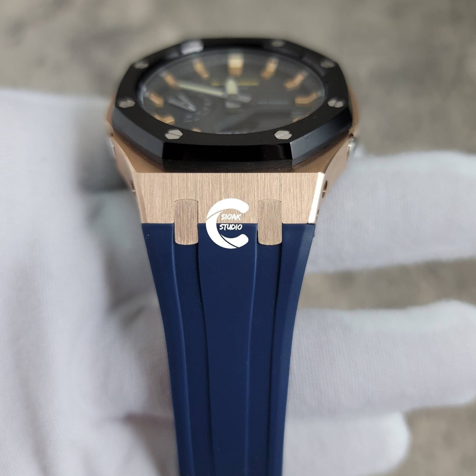 Casioak Mod Watch Black Rose Gold Case Blue Rubber Strap Black Gold Time Mark Black Dial 44mm- Casioak Mod Casio G-Shock Royal Oak Custom Mens Luxury Watches Ga2100