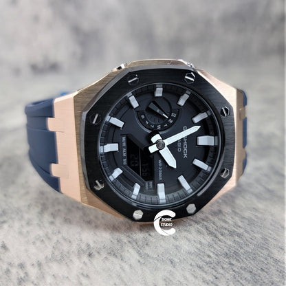 Casioak Mod Watch Black Rose Gold Case Blue Rubber Strap Black Light Gray Time Mark Black Dial 44mm- Casioak Mod Casio G-Shock Royal Oak Custom Mens Luxury Watches Ga2100