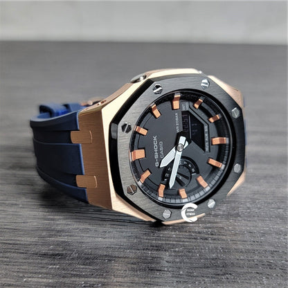 Casioak Mod Watch Black Rose Gold Case Blue Rubber Strap Black Rose Gold Time Mark Black Dial 44mm- Casioak Mod Casio G-Shock Royal Oak Custom Mens Luxury Watches Ga2100