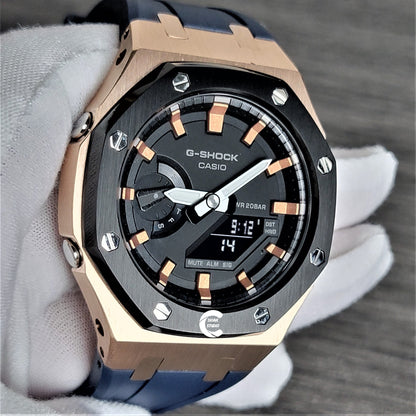 Casioak Mod Watch Black Rose Gold Case Blue Rubber Strap Black Rose Gold Time Mark Black Dial 44mm- Casioak Mod Casio G-Shock Royal Oak Custom Mens Luxury Watches Ga2100