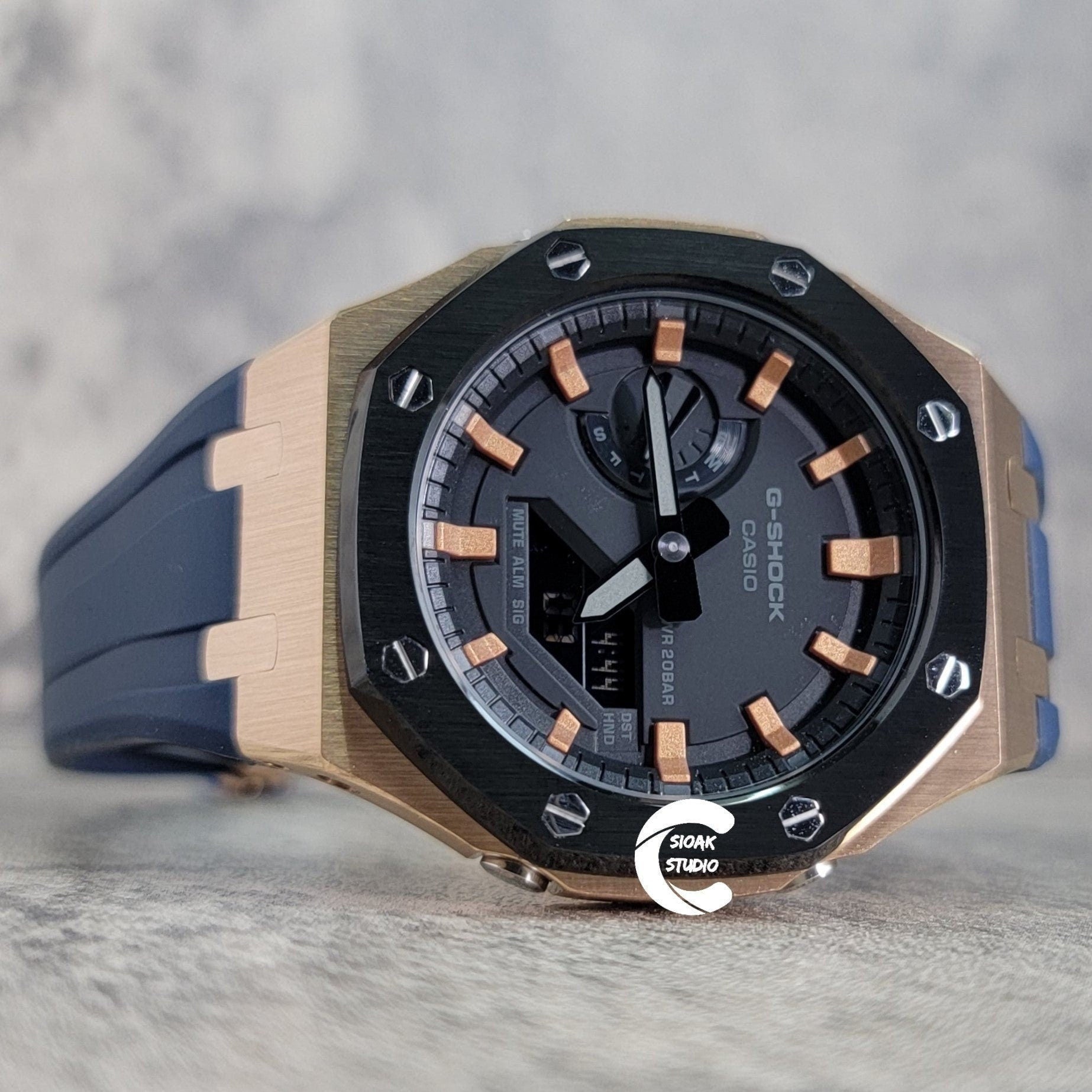 Casioak Mod Watch Black Rose Gold Case Blue Rubber Strap Black Rose Gold Time Mark Black Dial 44mm- Casioak Mod Casio G-Shock Royal Oak Custom Mens Luxury Watches Ga2100