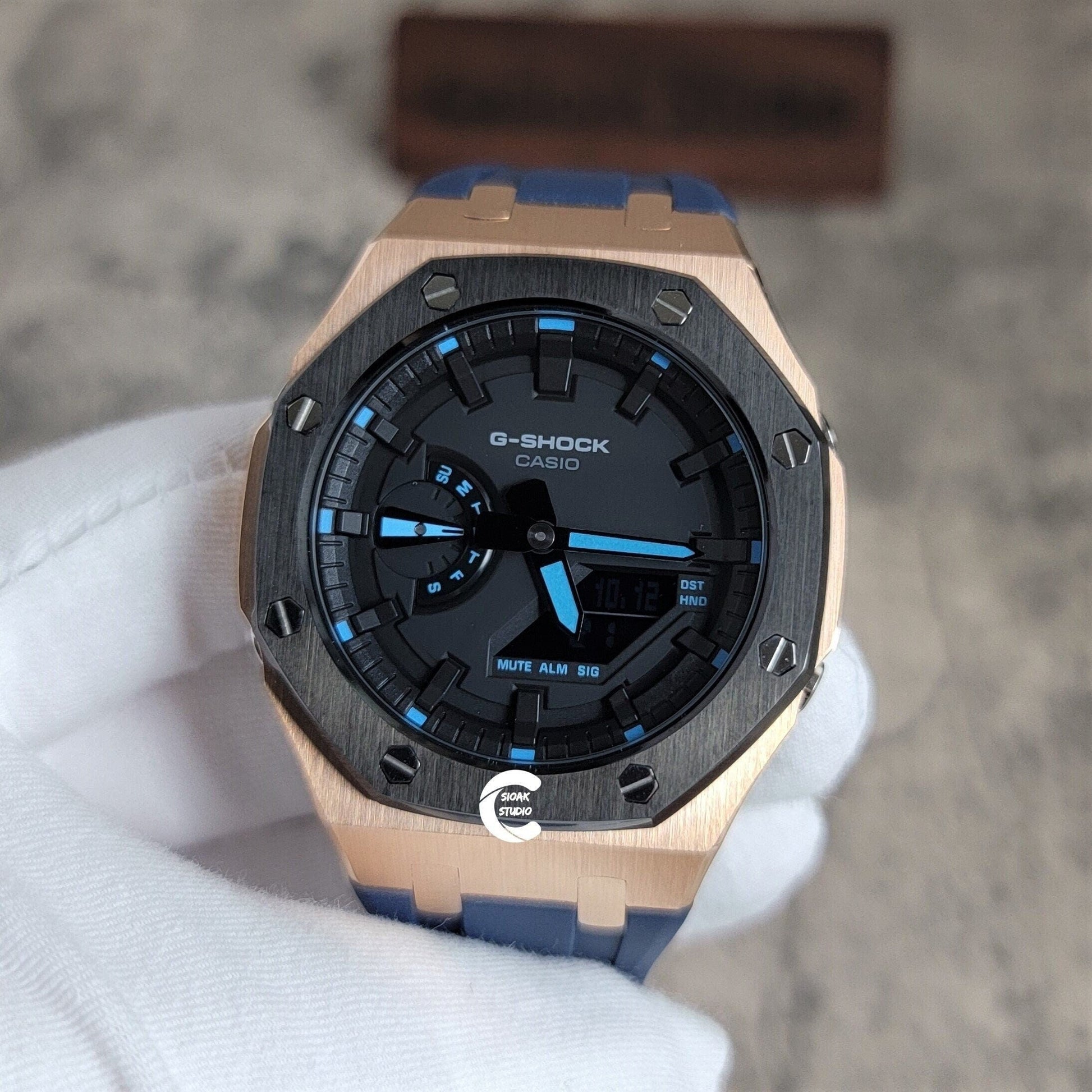 Casioak Mod Watch Black Rose Gold Case Blue Rubber Strap Black Time Mark Black Dial 44mm- Casioak Mod Casio G-Shock Royal Oak Custom Mens Luxury Watches Ga2100