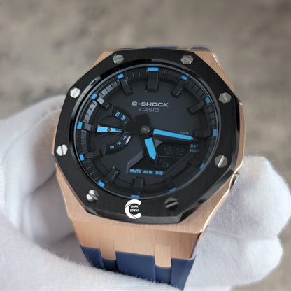 Casioak Mod Watch Black Rose Gold Case Blue Rubber Strap Black Time Mark Black Dial 44mm- Casioak Mod Casio G-Shock Royal Oak Custom Mens Luxury Watches Ga2100