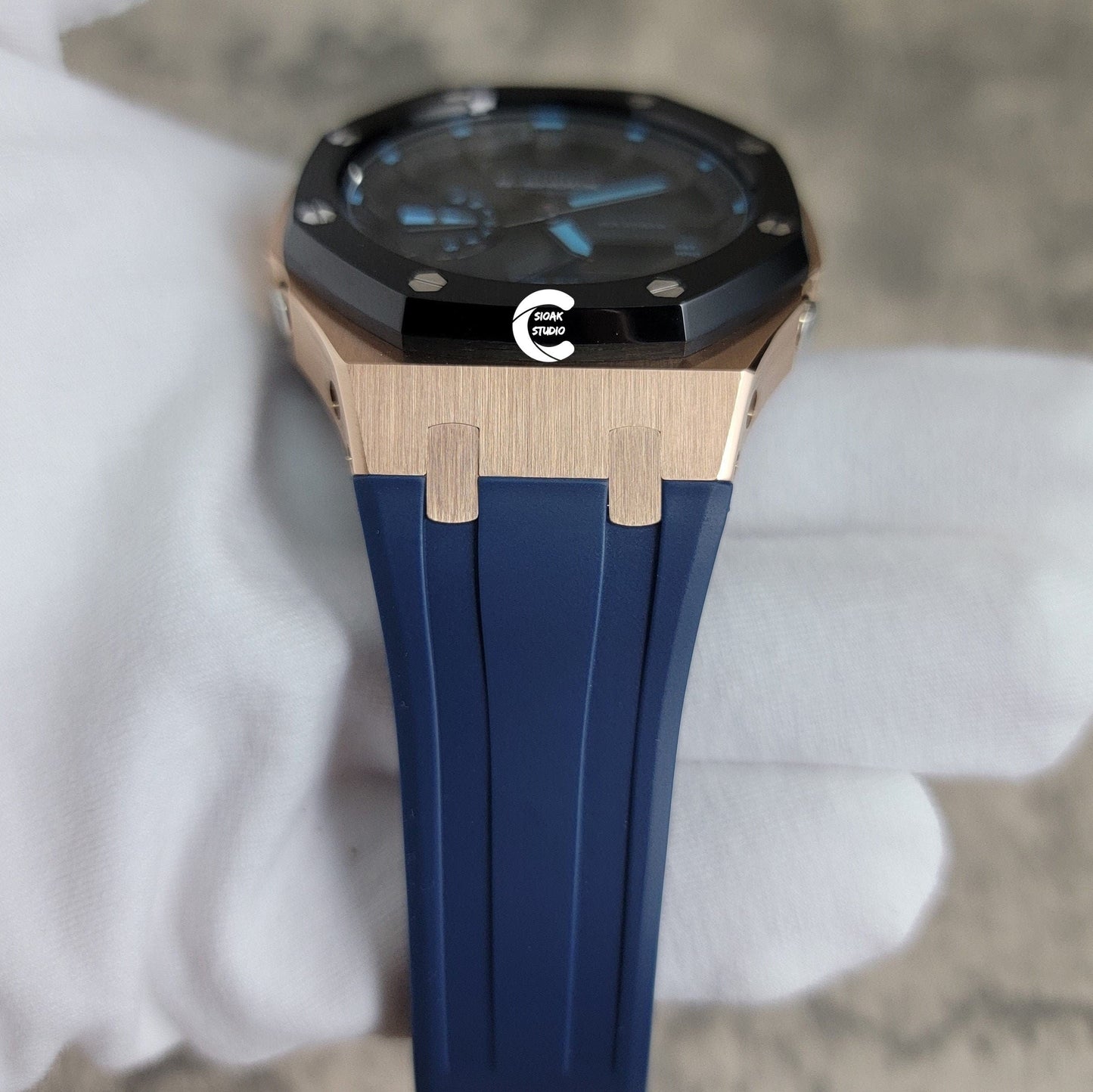 Casioak Mod Watch Black Rose Gold Case Blue Rubber Strap Black Time Mark Black Dial 44mm- Casioak Mod Casio G-Shock Royal Oak Custom Mens Luxury Watches Ga2100