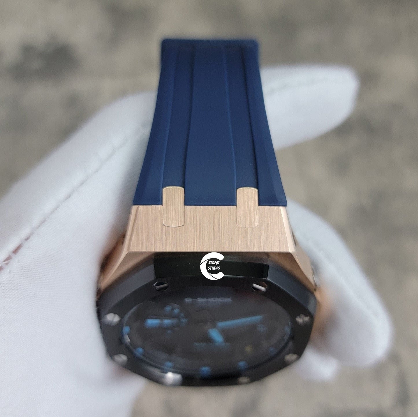 Casioak Mod Watch Black Rose Gold Case Blue Rubber Strap Black Time Mark Black Dial 44mm- Casioak Mod Casio G-Shock Royal Oak Custom Mens Luxury Watches Ga2100